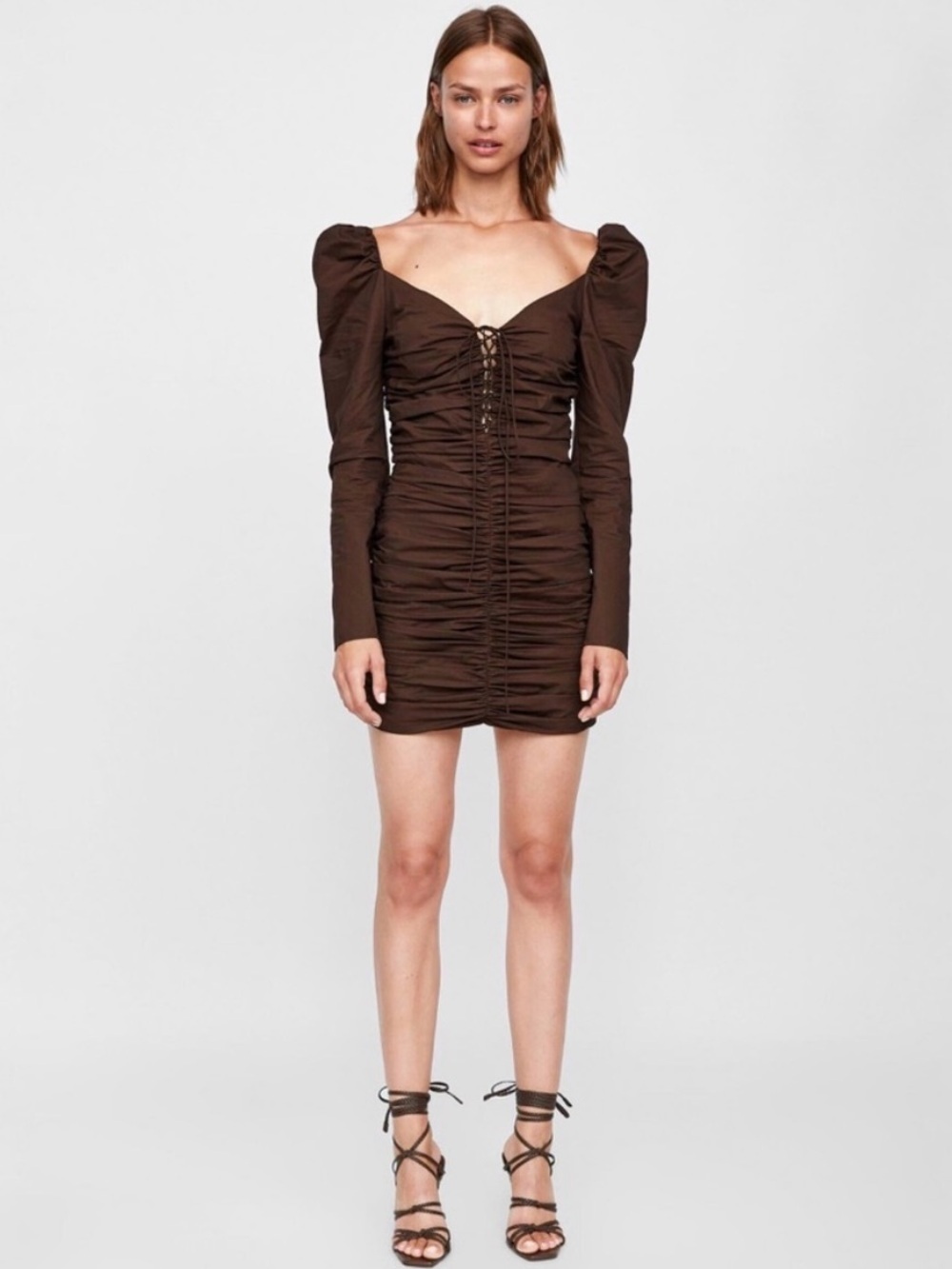 Zara Brown Ruched Mini Dress with Puff Shoulders